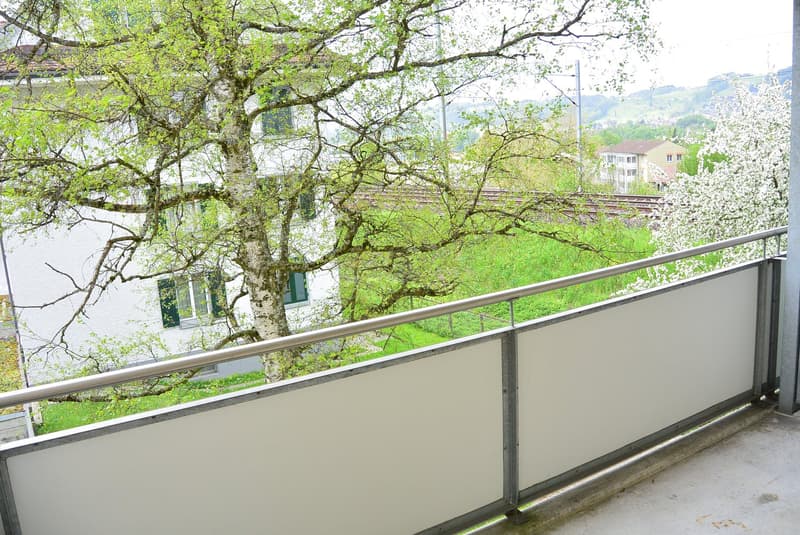View from balcony, metal railing, white walls, tree, buildings, green grass, mountains