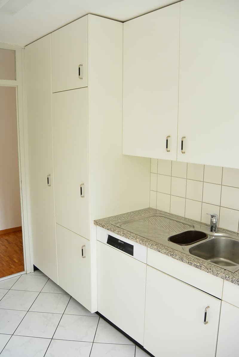 a kitchen with a stainless steel sink and a dishwasher, marble countertop, modern kitchen cabinets, and a wooden floor