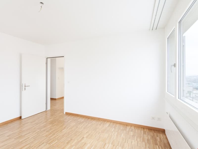 white walls, wooden floor, large window, entrance door, radiator