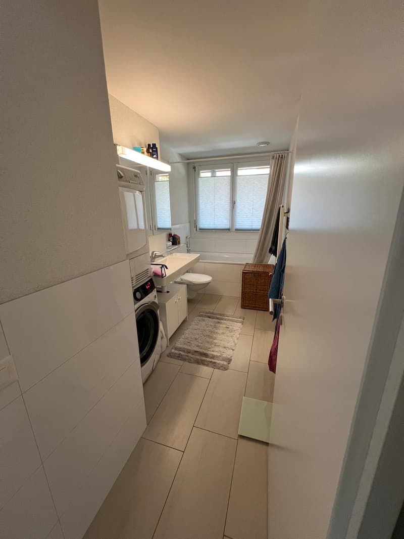 Badezimmer mit Waschturm und Badewanne
