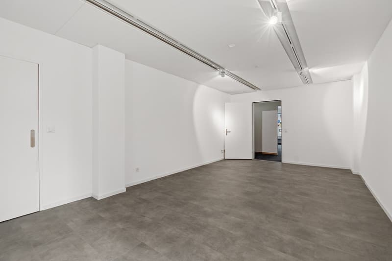 Empty room with white walls, grey flooring, two doors, fluorescent lighting