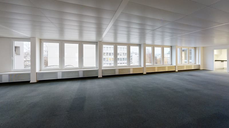 empty room, large windows, low ceiling, white walls, grey floor