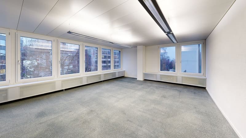 Large windows overlooking outside, white walls, ceiling lights, carpeted floor