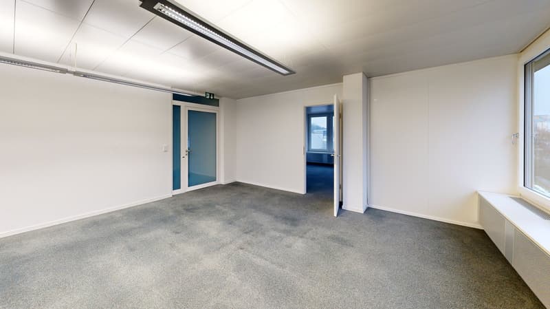white walls, gray floor, glass doors, bright LED lighting