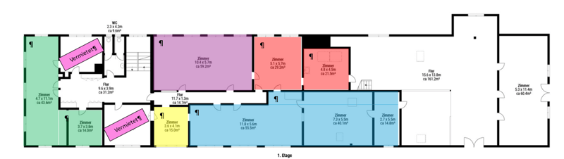 1st floor: 1 room is labelled Vermietet, 1 room is labelled Vermiettet. 7 rooms with dimensions listed.