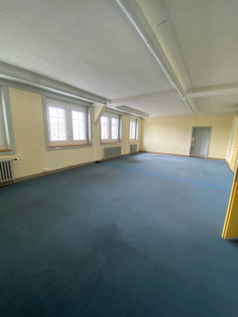 Empty room, blue carpeted floor, white painted walls, 4 windows, radiators, white ceiling, door at the end.