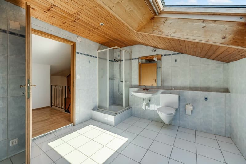 Badezimmer im DG mit Dusche, WC, Lavabo und Dachfenster