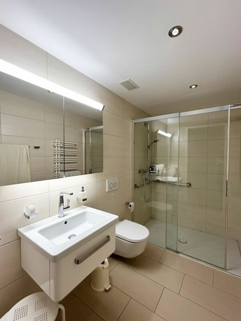 Zweites Badezimmer mit Dusche und grossem Spiegelschrank