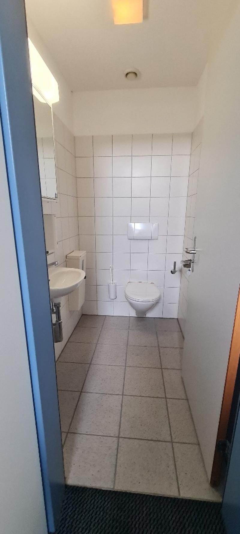 small bathroom with toilet, sink, mirror, wall tiles, ceramic floor
