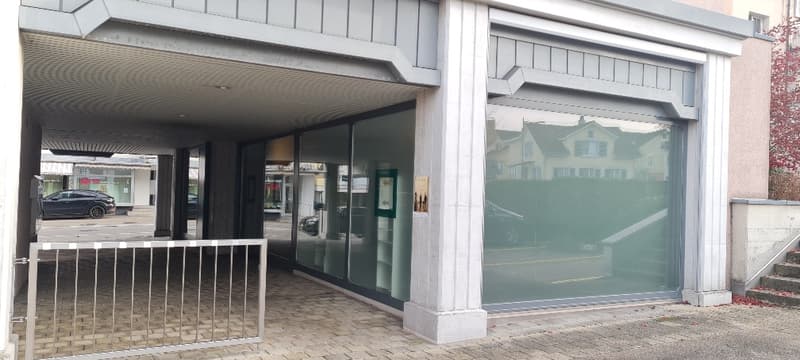 Building with glass entrance doors and windows, metal gate in front, brick sidewalk, bushes and stairs on the side