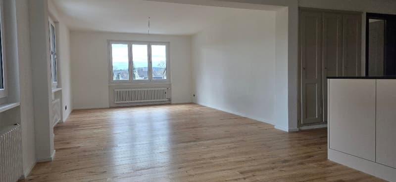 Empty room, white walls, wooden floor, large window, radiators, large cabinets