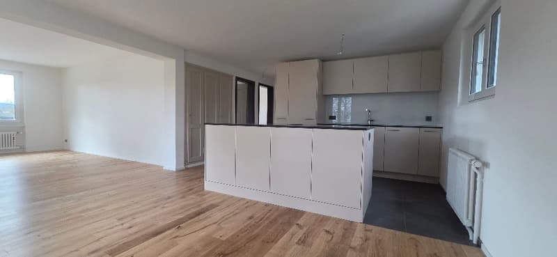 Empty kitchen with wooden floor, white cupboards, central island, black countertop, sink, radiators