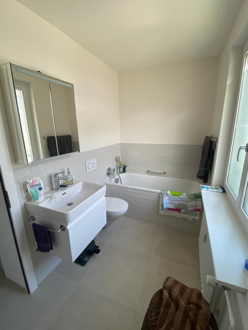 Spacious bathroom with white walls, tiled floor, vanity sink, toilet, and bathtub. There is a private washing machine visible in the room.