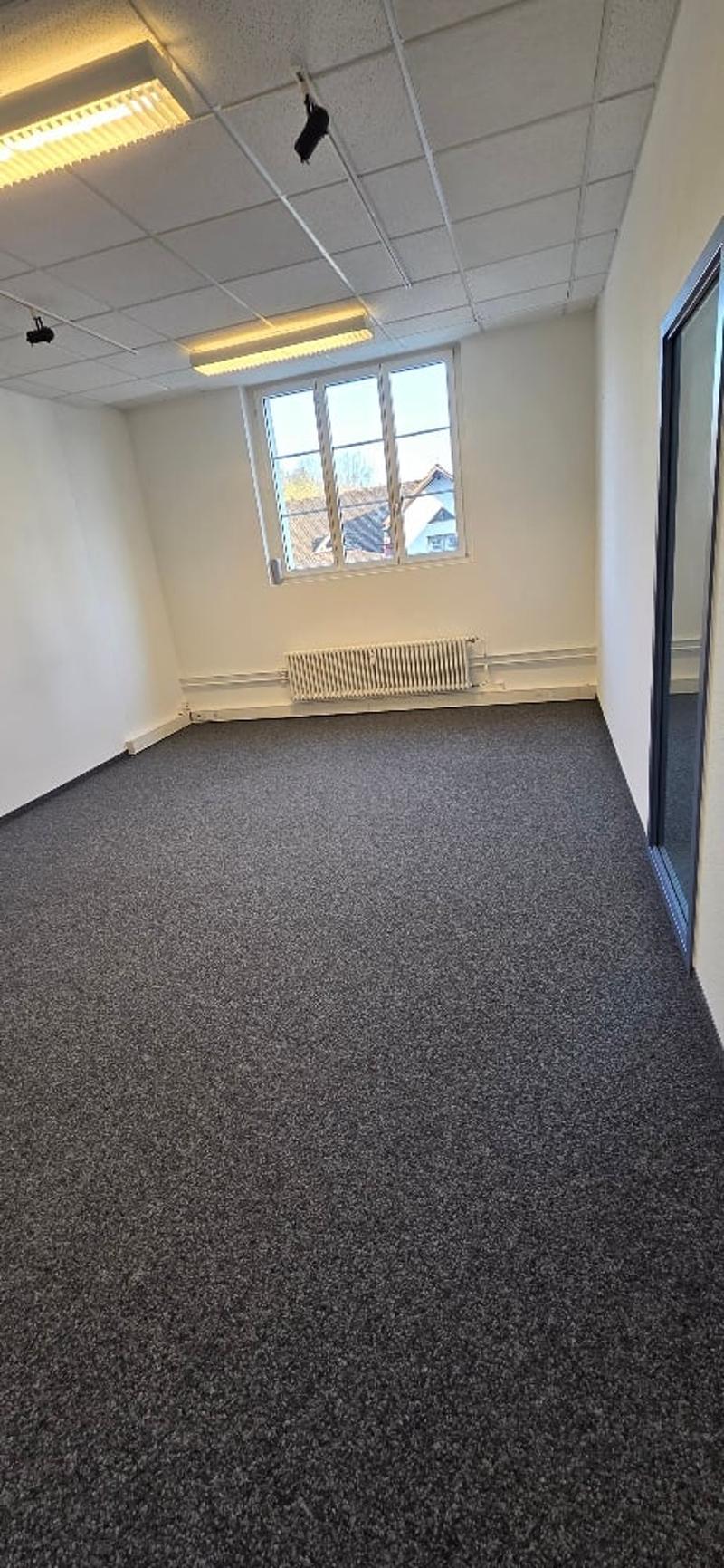 empty room, white walls, ceiling lights, radiator, window