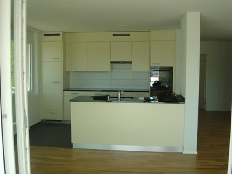 modern kitchen, white cabinets, white countertop, silver sink, white floor, modern appliances
