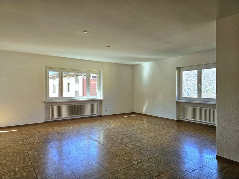 Empty room, wooden floor, two large windows, white walls, white radiators