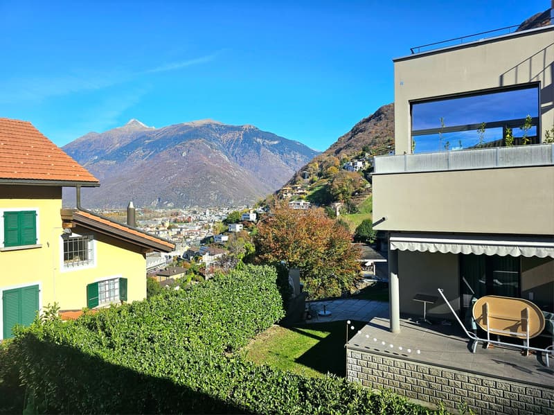 Balcony, red roof, green shutters, terrace, city view, mountains
