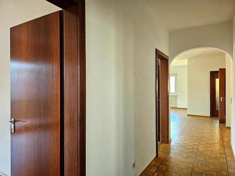 Empty corridor with wooden doors, wooden flooring, and white walls.
