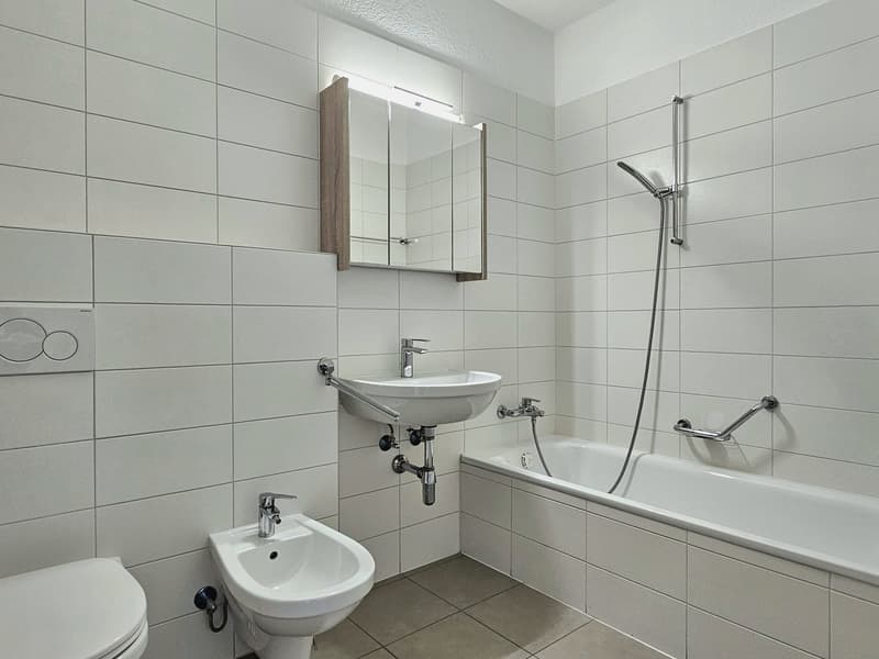modern bathroom with white tiles, toilet, bidet, sink, bathtub, overhead shower, mirror cabinet