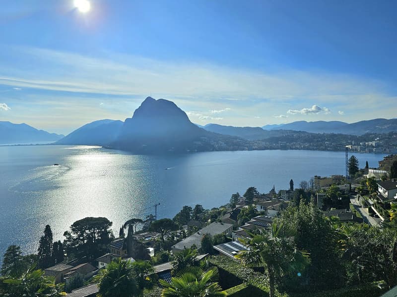 view of the lake, mountains, houses with solar panels