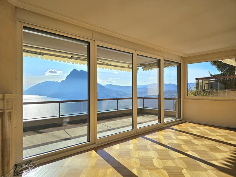 Floor to ceiling windows, sliding doors, balcony, mountain view, parquet floor