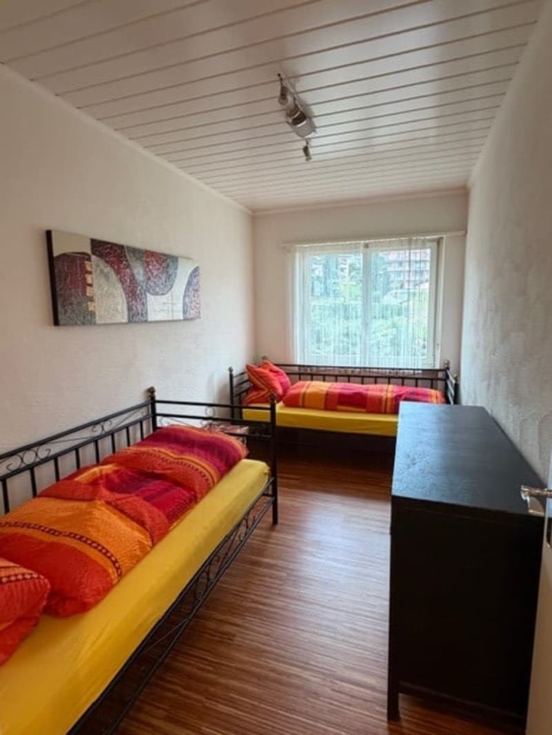 Two single beds with colorful pillows, a nightstand, and a cabinet. A painting is on the wall above the bed.