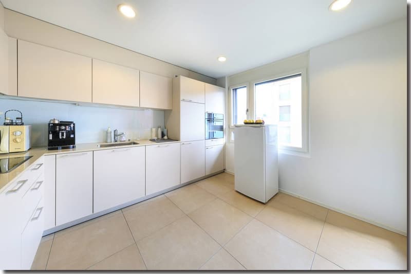 modern, clean kitchen, fully equipped with white cabinetry, granite countertops, built-in appliances, ample window space