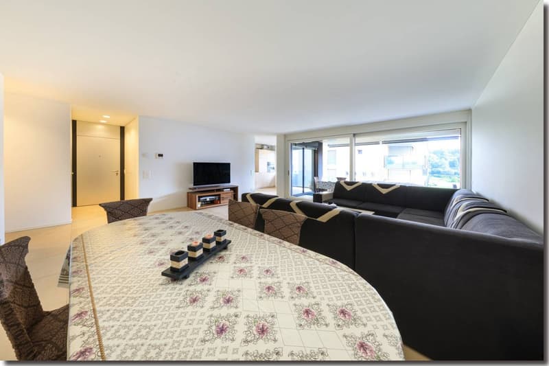 modern living room, sliding glass door to balcony, glass table, 2 couches, TV