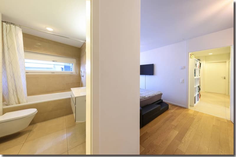 Bathroom with bathtub and shower, toilet. Bedroom with bed and television. Walkway leading to an entrance.