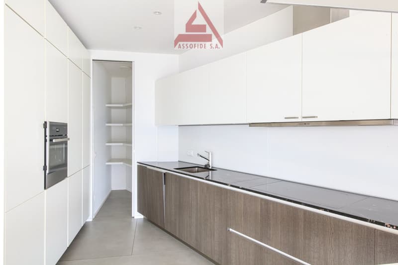 Modern kitchen with granite countertops, stainless steel sink, wooden cabinets, integrated oven, under cabinet lighting, dishwasher, and washing machine