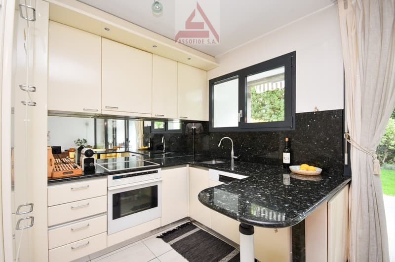 Modern kitchen, white cabinets, black granite countertops, gas stove, integrated dishwasher, island bar, window