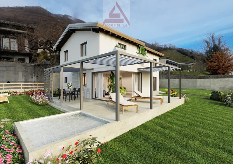 Two-story modern house, white exterior, garden with pergola, swimming pool, scenic view