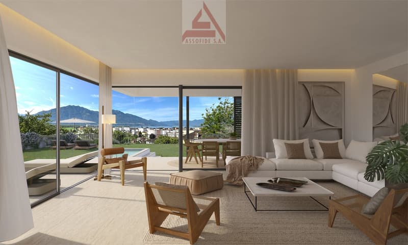 modern design, sliding glass doors to terrace, white couches, modern artwork, coffee table, view of mountains and buildings