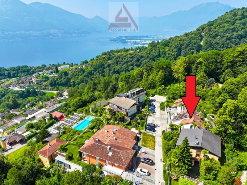 Houses with red roofs, swimming pool, cars parked around, mountains and a lake in the distance.