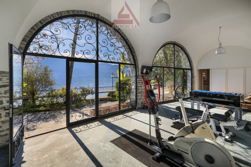 gym room with exercise equipment, large arched windows, view of the lake