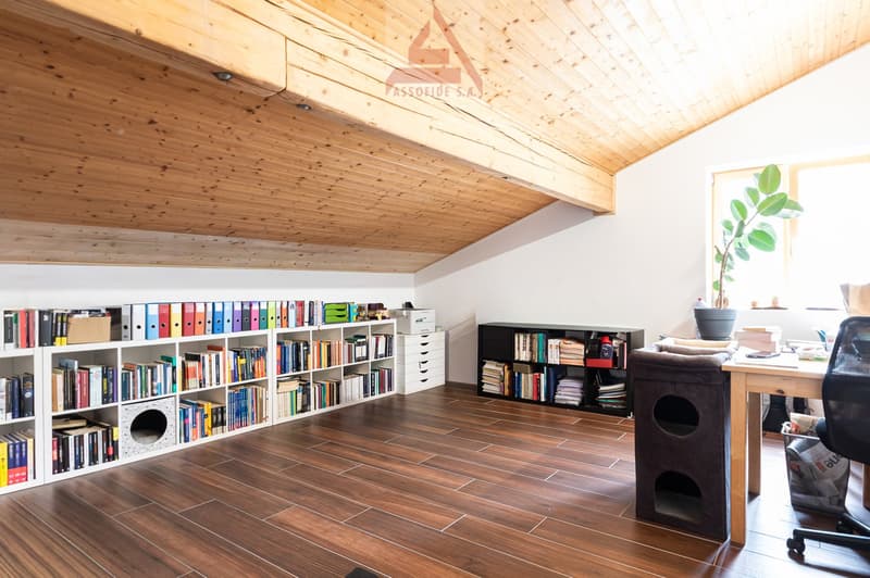 wooden ceiling, wooden floor, bookshelves, desk, chair, plant, cat house