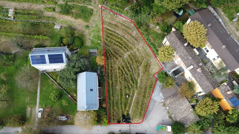 Aerial view of a plot of land with a small building, surrounded by vegetation and other buildings. The land appears to be a rectangular shape, as indicated by the red outline.