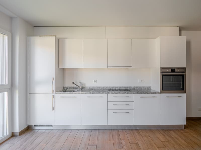 Modern white kitchen cabinets, granite countertop, built-in oven, refrigerator, and dishwasher