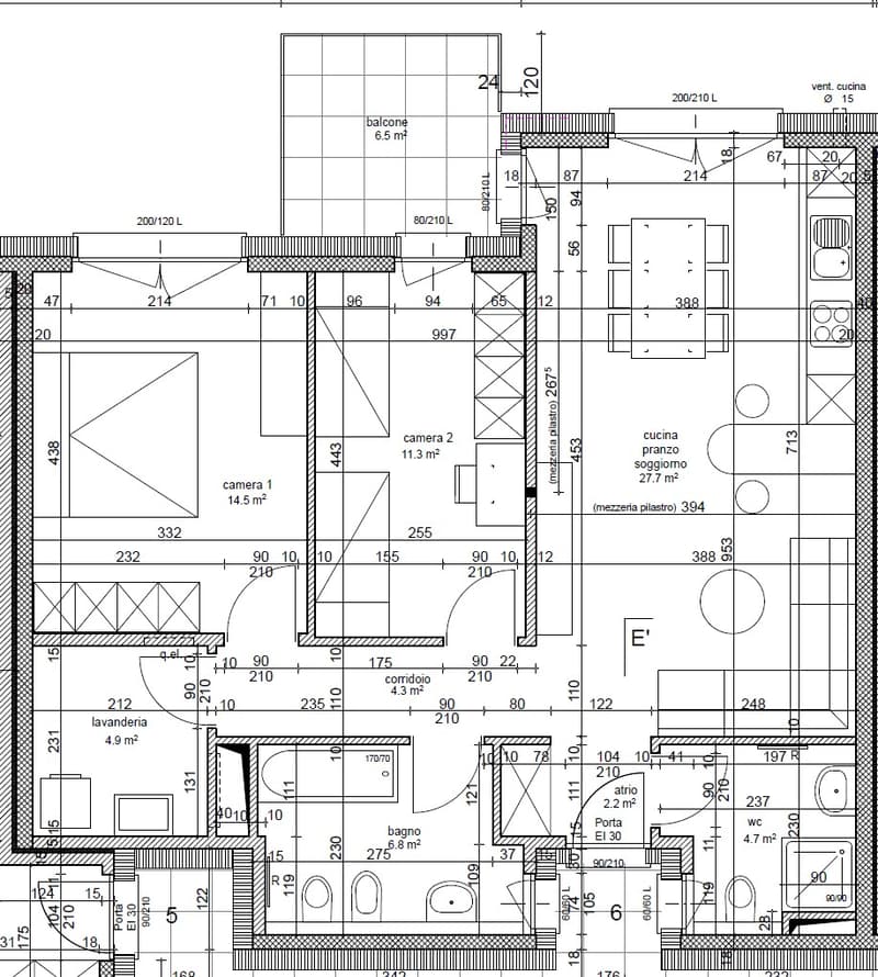 The floor plan shows a 2-bedroom apartment with a living room, kitchen, bathroom, and a balcony. The apartment has an area of approximately 394 square meters.