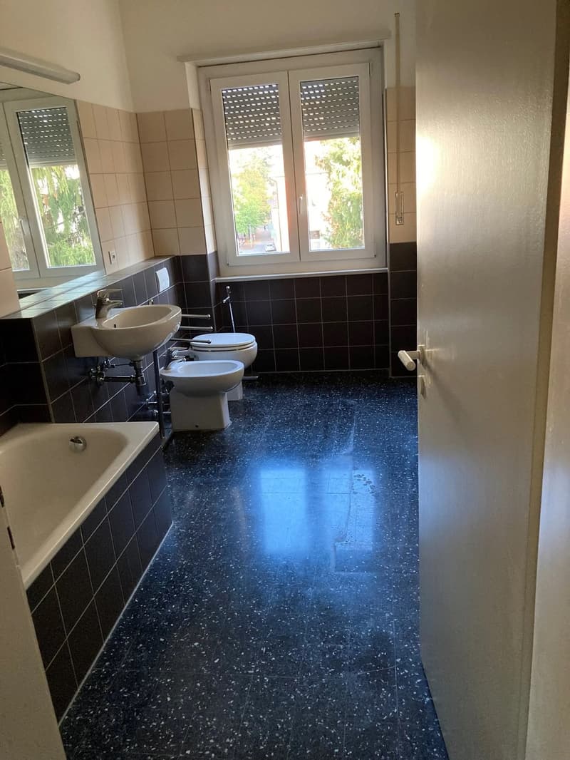 Bathroom with bathtub, two toilets, and a sink.