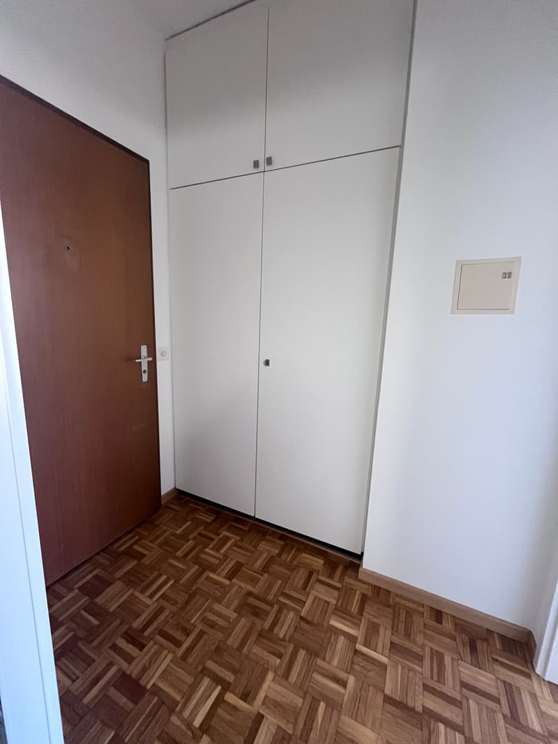 empty room with hardwood floor, white walls, two white cupboards, brown door