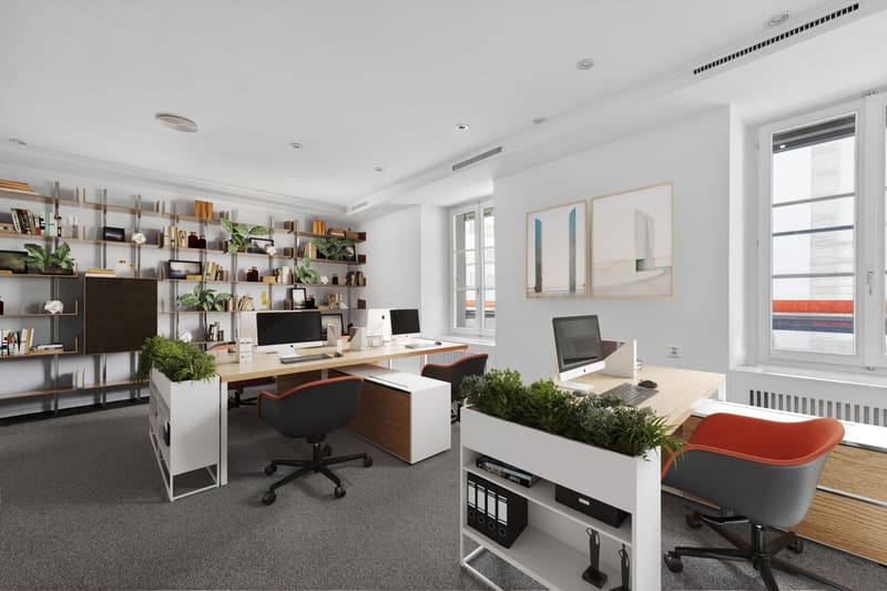 modern office with two desks, chairs, shelves, plants, monitors, keyboards, and windows