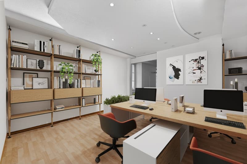 modern office with wooden desk, computer monitors, office chairs, bookshelves, plants, artwork