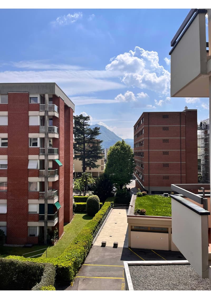 Two red brick apartment buildings, multiple balconies, green bushes, parking area, green lawn, trees, mountains in the distance