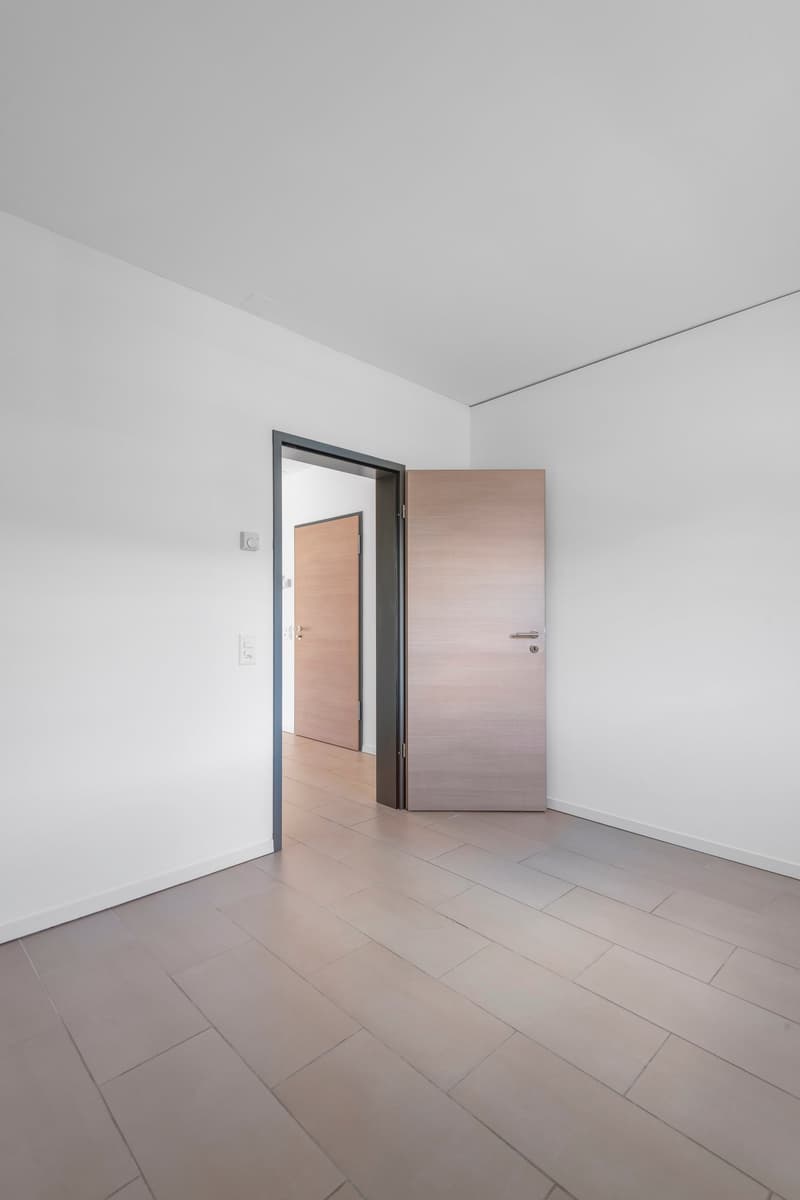 Empty room with white walls, wooden door, open door, wooden floor.