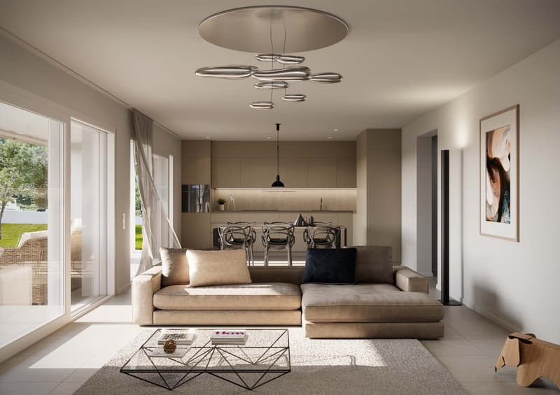 Modern design living room, white walls, beige sectional sofa, glass coffee table, framed painting, round modern ceiling light fixture, kitchen visible through doors, dining table, patio doors leading to a balcony, beige rug