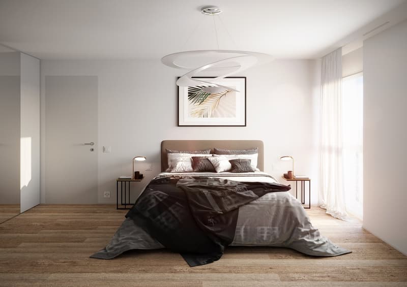 modern designed bed, bedside tables, decorative lamps, a large picture, white walls, wooden floor