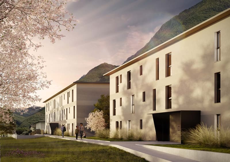 Multi-unit building, white exterior, large windows, grassy area, walkway, trees, distant mountains