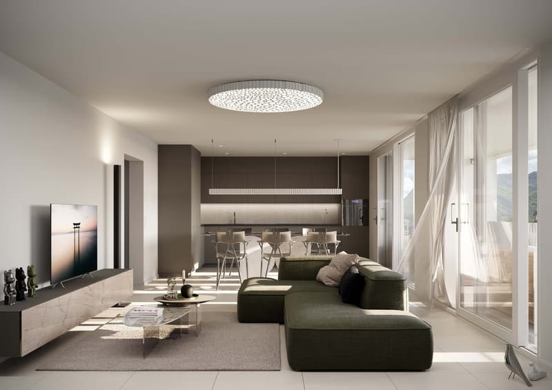 Modern decor, green sectional sofa, round coffee table, flat screen TV, ceiling light, glass door