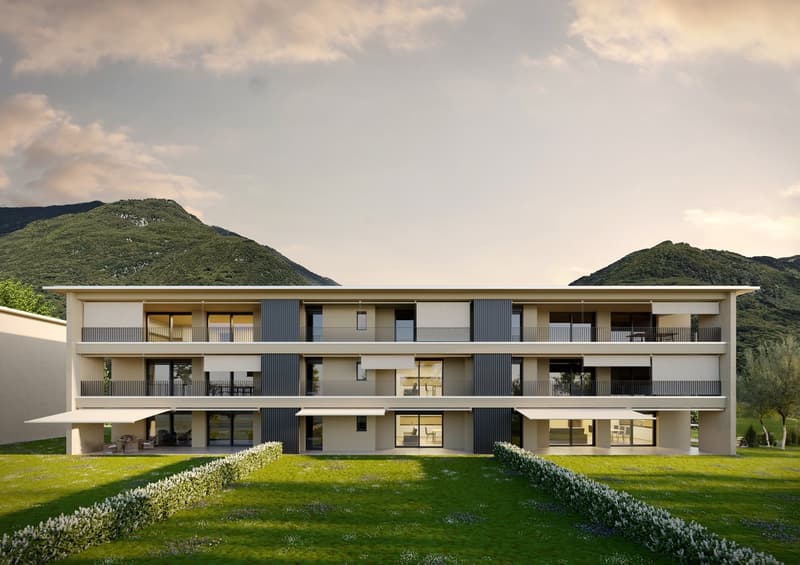 Three-story building, modern design, balconies, green lawn, mountain view
